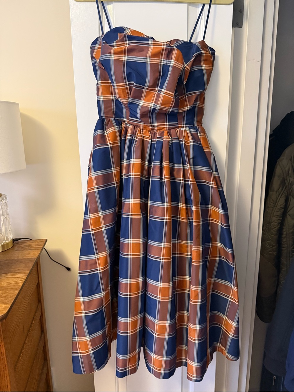 Navy and Brown Plaid Midi Dress with Spaghetti Straps
